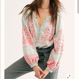 Free People Persuasion Embroidered Balloon Sleeve Top‎ Sz S Mint Green Pink Boho